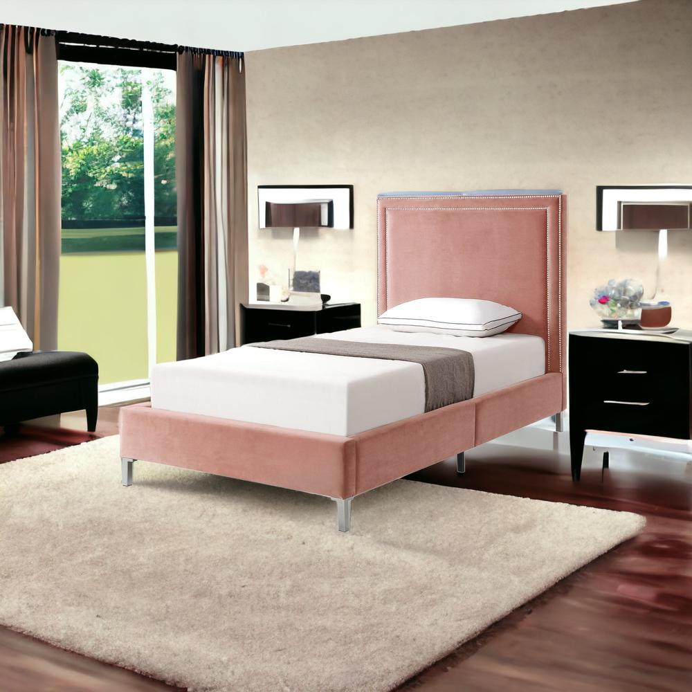 Blush Solid Wood Twin Upholstered Velvet Bed with Nailhead Trim. Picture 2