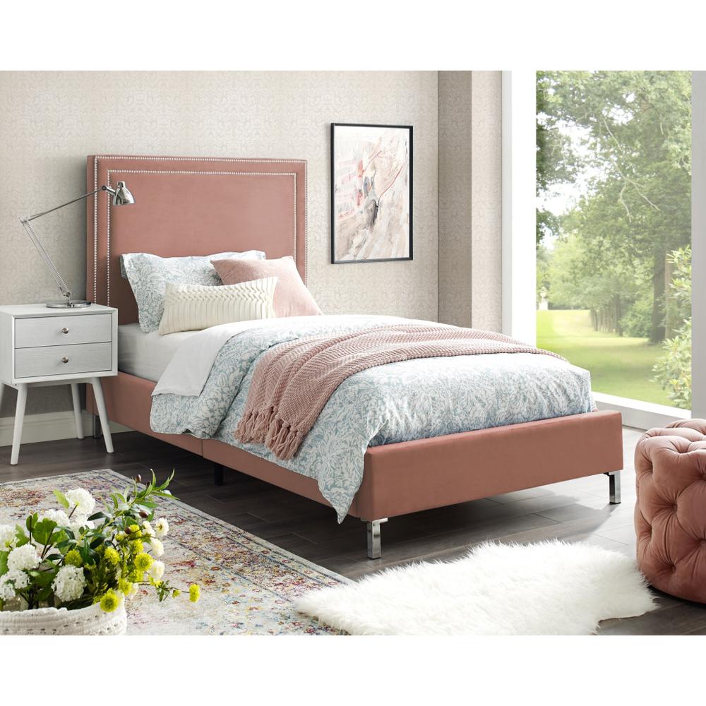 Blush Solid Wood Twin Upholstered Velvet Bed with Nailhead Trim. Picture 8