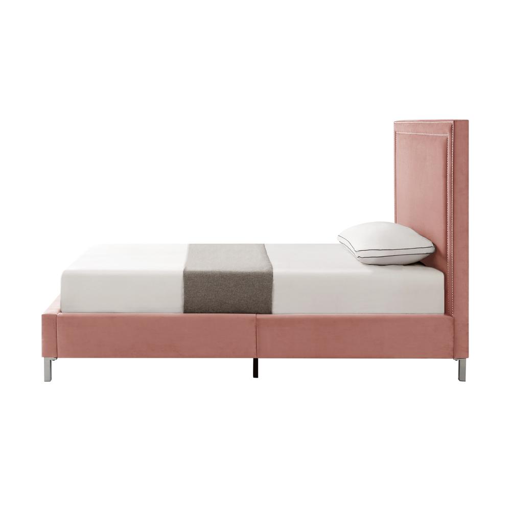 Blush Solid Wood Twin Upholstered Velvet Bed with Nailhead Trim. Picture 4
