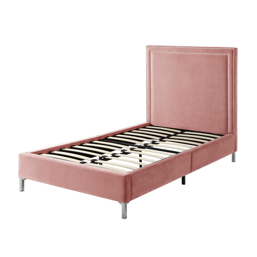 Blush Solid Wood Twin Upholstered Velvet Bed with Nailhead Trim. Picture 5
