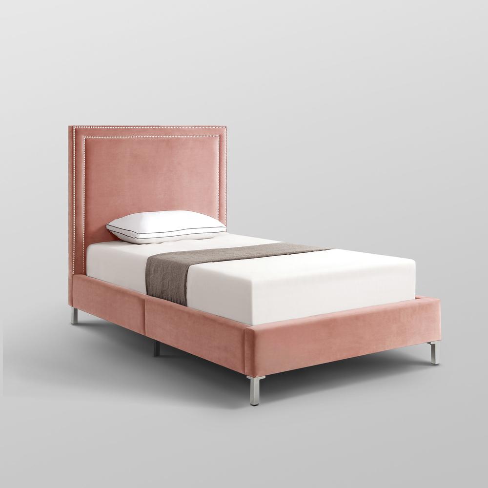 Blush Solid Wood Twin Upholstered Velvet Bed with Nailhead Trim. Picture 7
