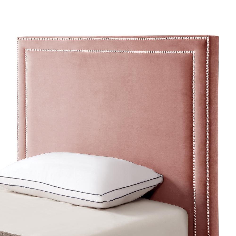 Blush Solid Wood Twin Upholstered Velvet Bed with Nailhead Trim. Picture 6