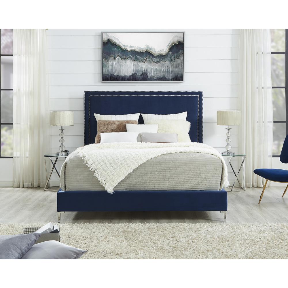 Navy Blue Solid Wood King Upholstered Velvet Bed with Nailhead Trim. Picture 9