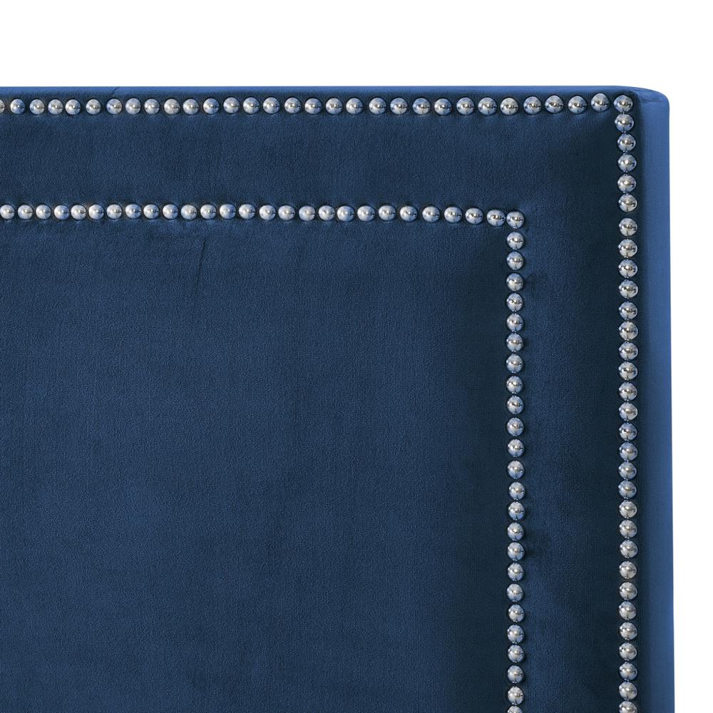 Navy Blue Solid Wood King Upholstered Velvet Bed with Nailhead Trim. Picture 6