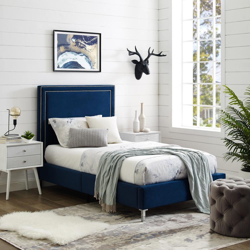 Navy Blue Solid Wood Twin Upholstered Velvet Bed with Nailhead Trim. Picture 8