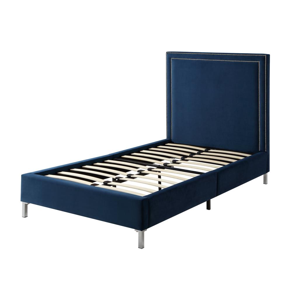 Navy Blue Solid Wood Twin Upholstered Velvet Bed with Nailhead Trim. Picture 5