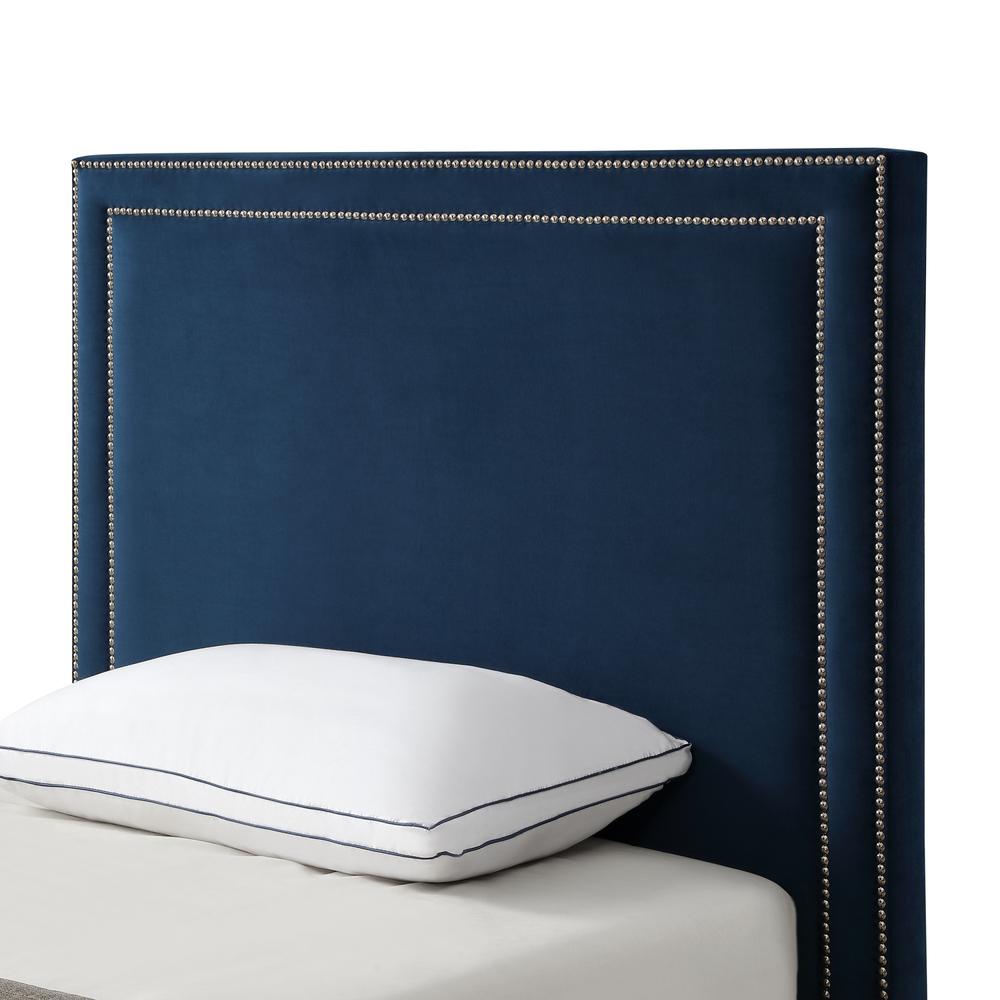 Navy Blue Solid Wood Twin Upholstered Velvet Bed with Nailhead Trim. Picture 6