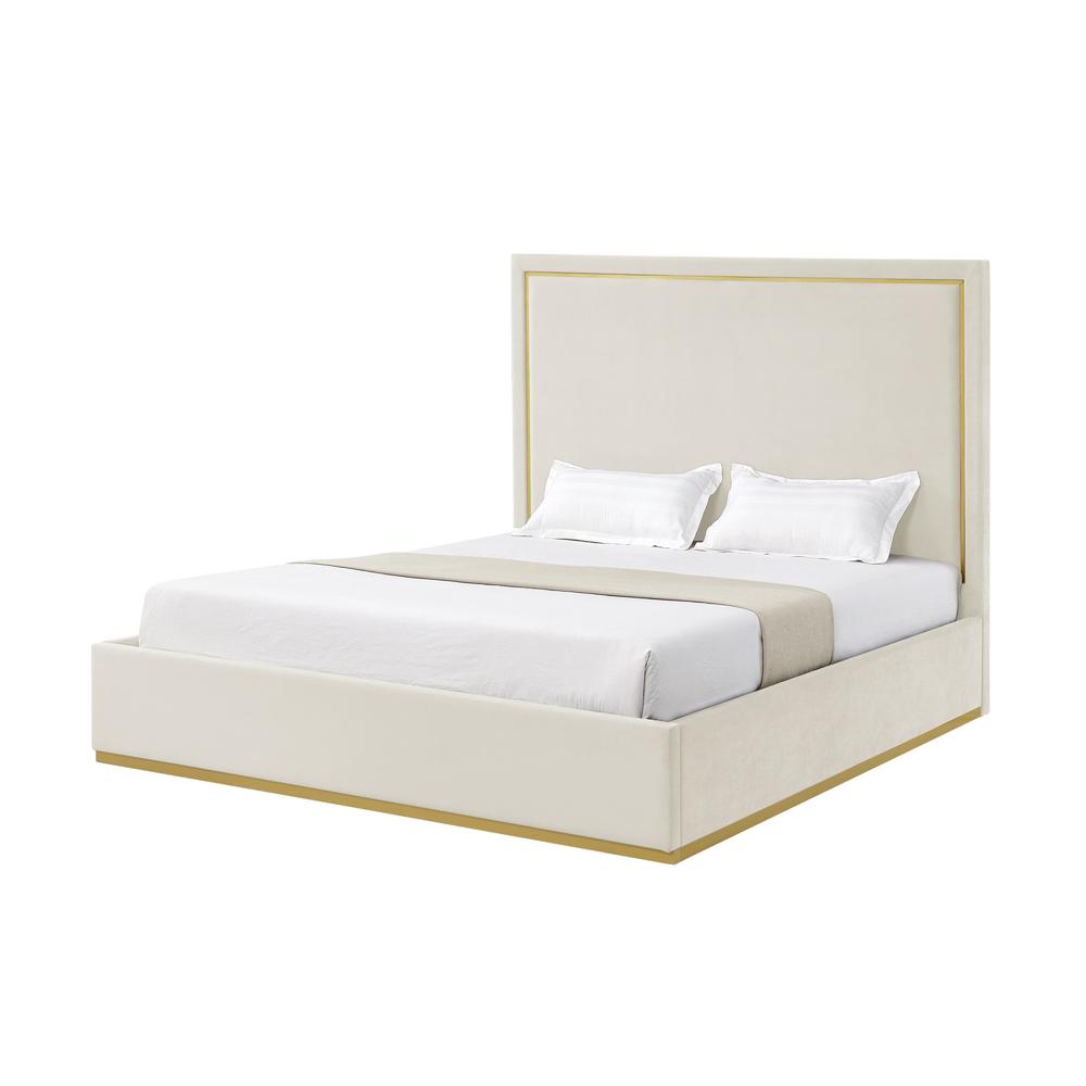 Beige Solid Wood Queen Upholstered Velvet Bed. Picture 1