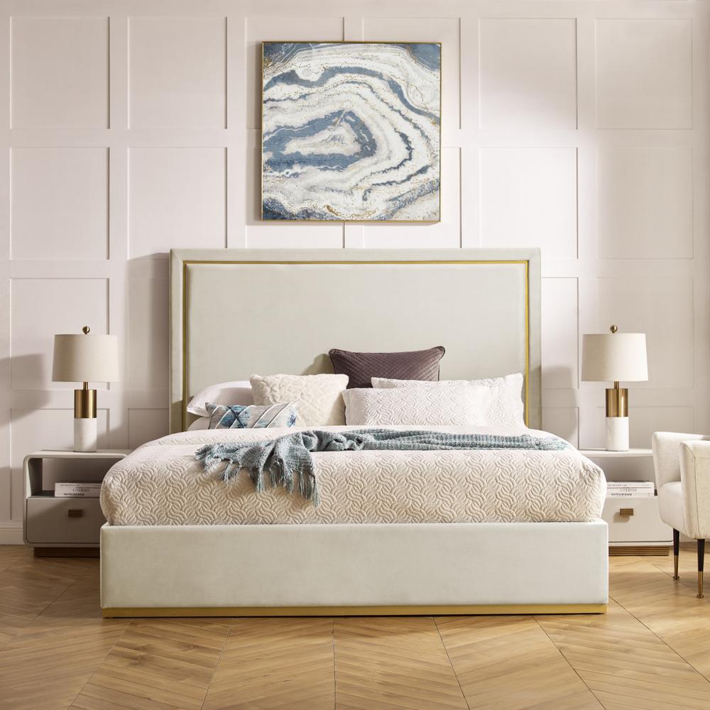 Beige Solid Wood Queen Upholstered Velvet Bed. Picture 8