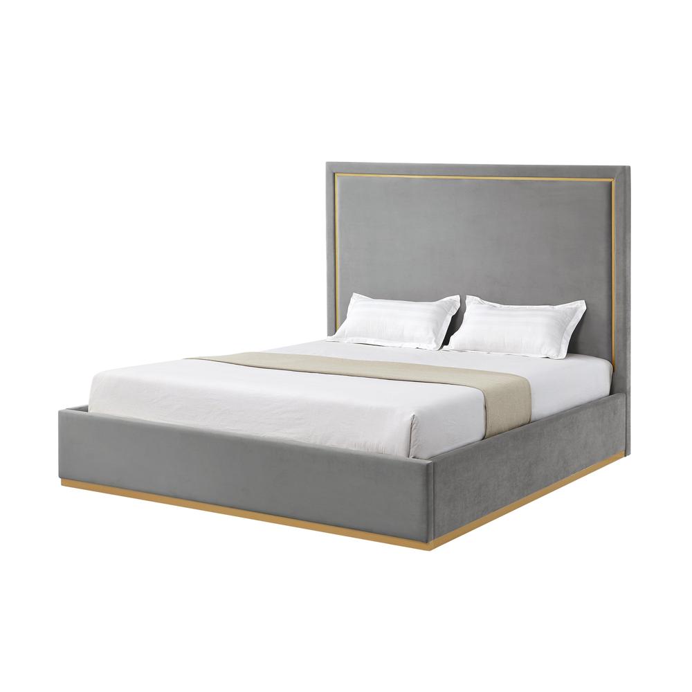 Gray Solid Wood King Upholstered Velvet Bed. Picture 1