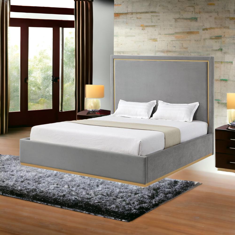 Gray Solid Wood King Upholstered Velvet Bed. Picture 2