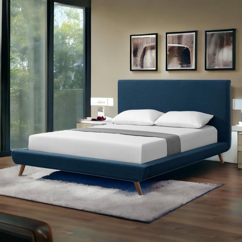 Denim Blue Solid Wood Queen Upholstered Linen Bed. Picture 2