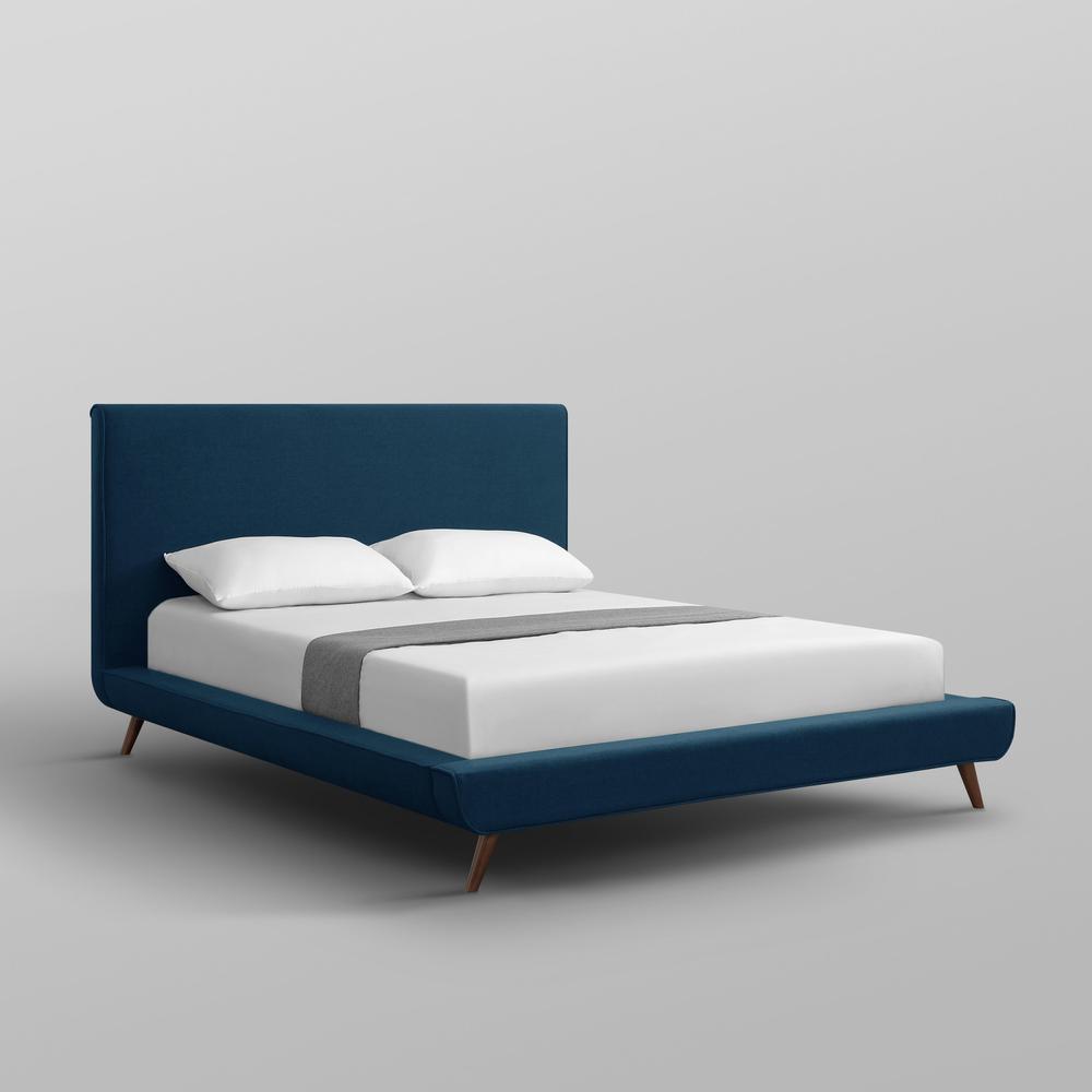 Denim Blue Solid Wood Queen Upholstered Linen Bed. Picture 8