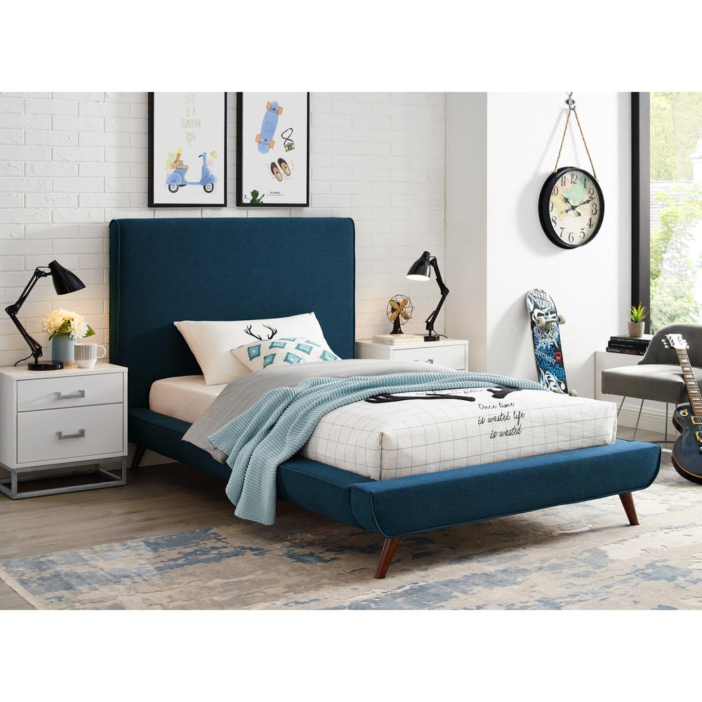 Denim Blue Solid Wood Twin Upholstered Linen Bed. Picture 9
