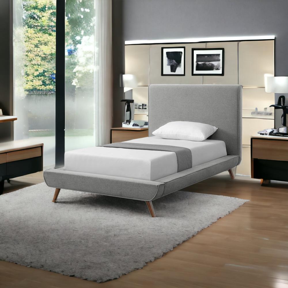 Gray Solid Wood Twin Upholstered Linen Bed. Picture 2