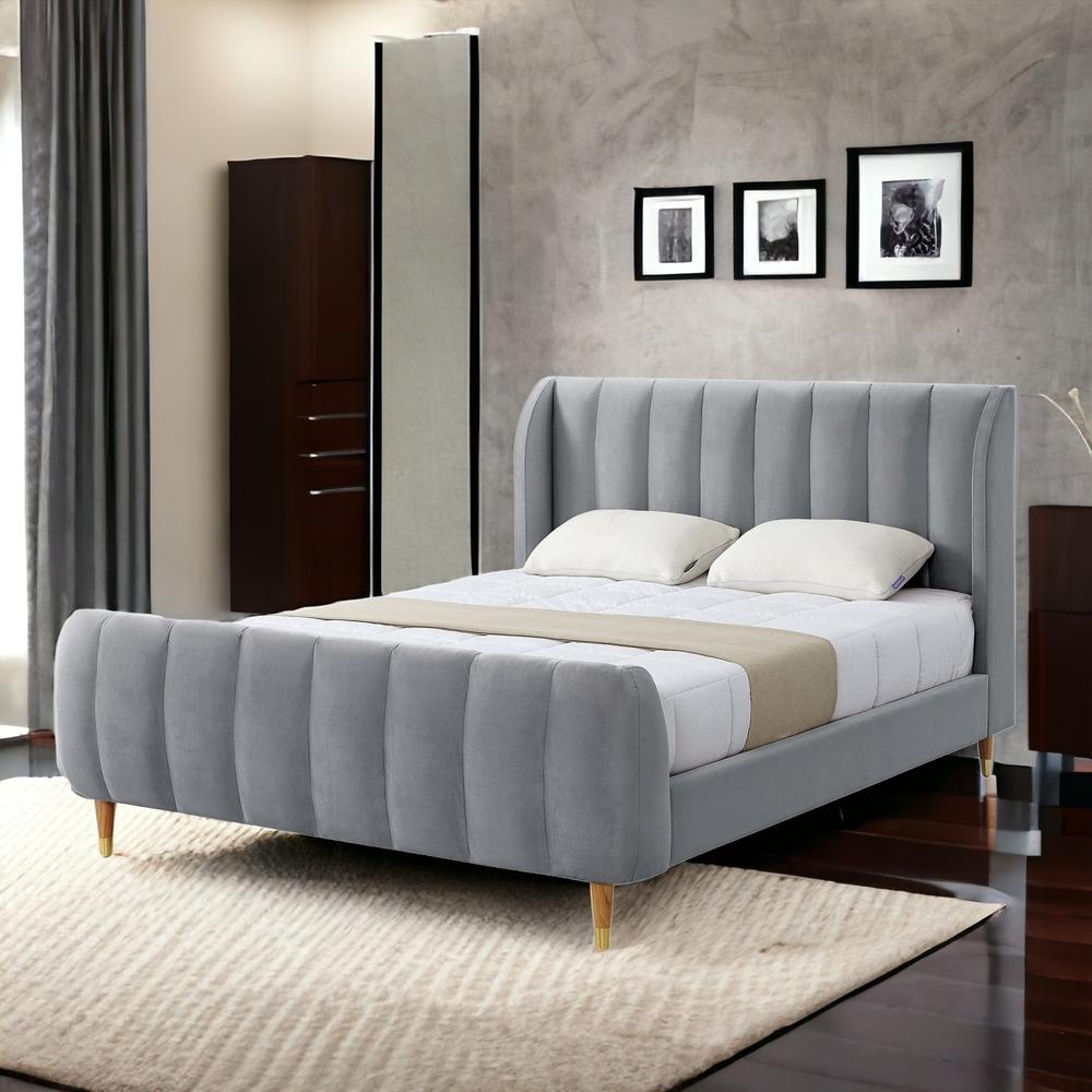 Gray Solid Wood King Tufted Upholstered Velvet Bed. Picture 2