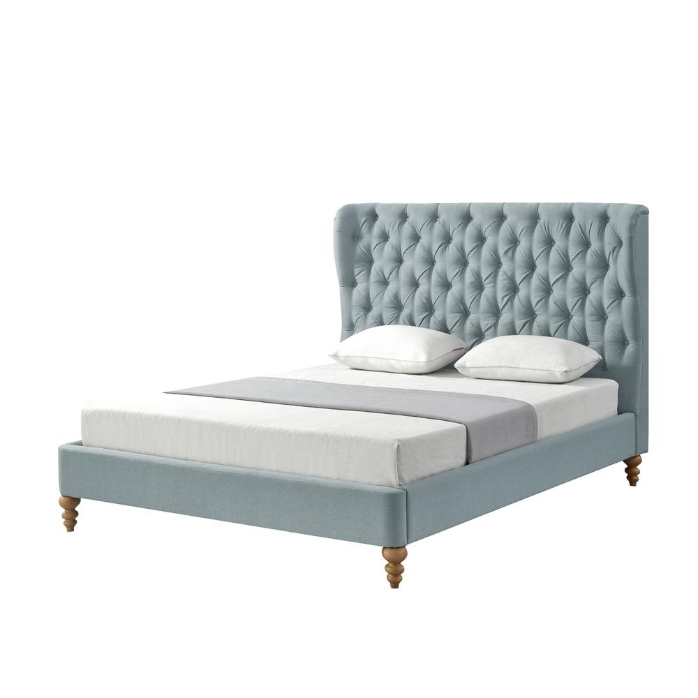 Blue Solid Wood Twin Tufted Upholstered Linen Bed. Picture 1