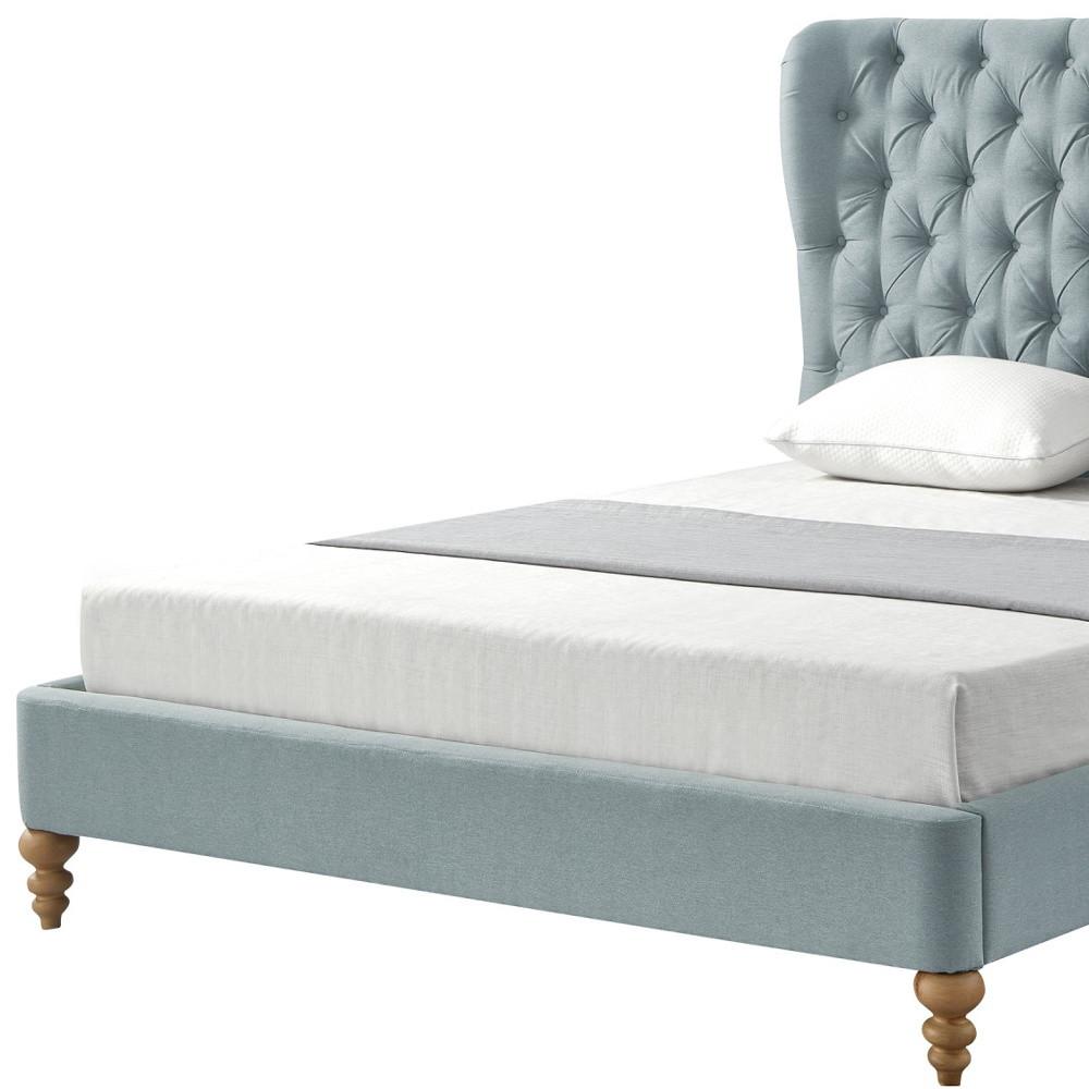 Blue Solid Wood Twin Tufted Upholstered Linen Bed. Picture 7