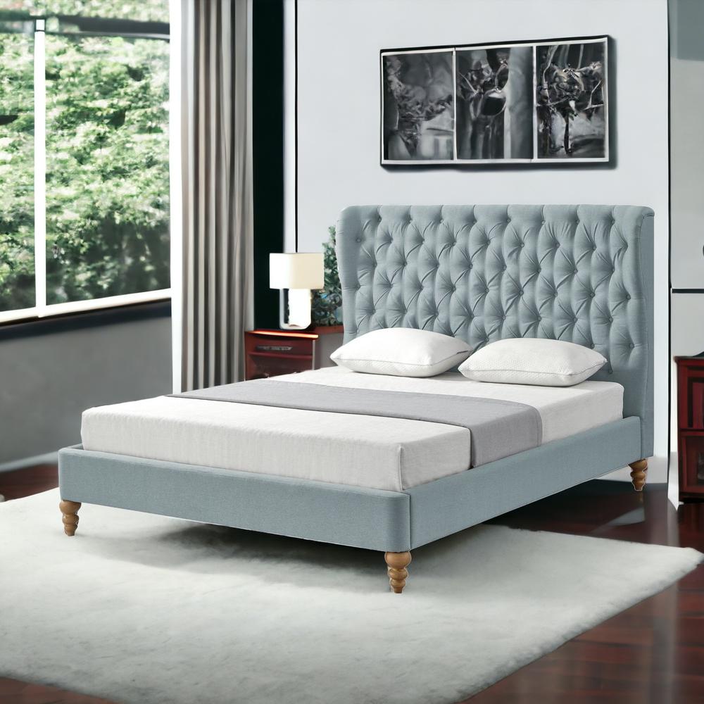 Blue Solid Wood Twin Tufted Upholstered Linen Bed. Picture 2