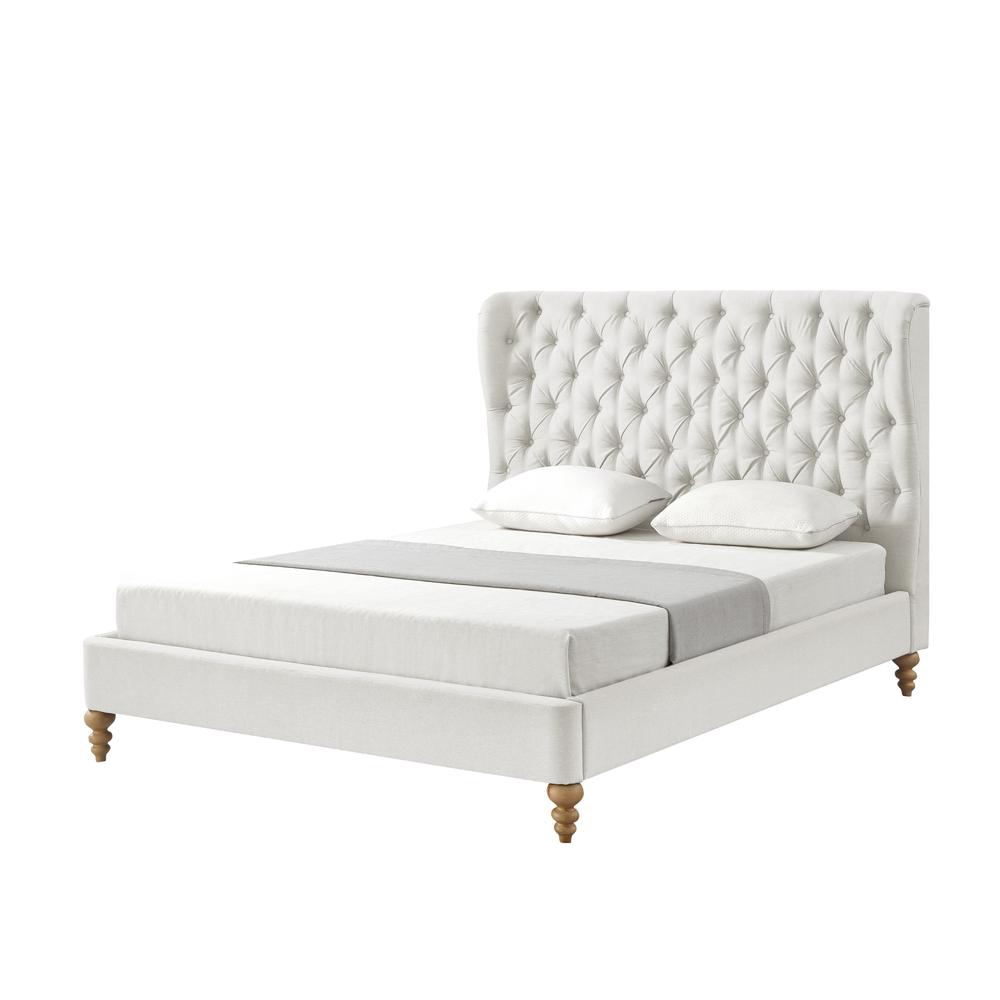 Cream Solid Wood Twin Tufted Upholstered Linen Bed. Picture 1
