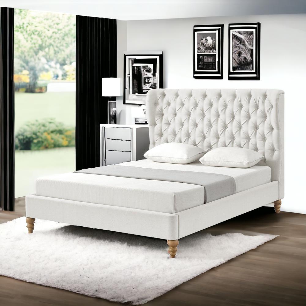 Cream Solid Wood Twin Tufted Upholstered Linen Bed. Picture 2