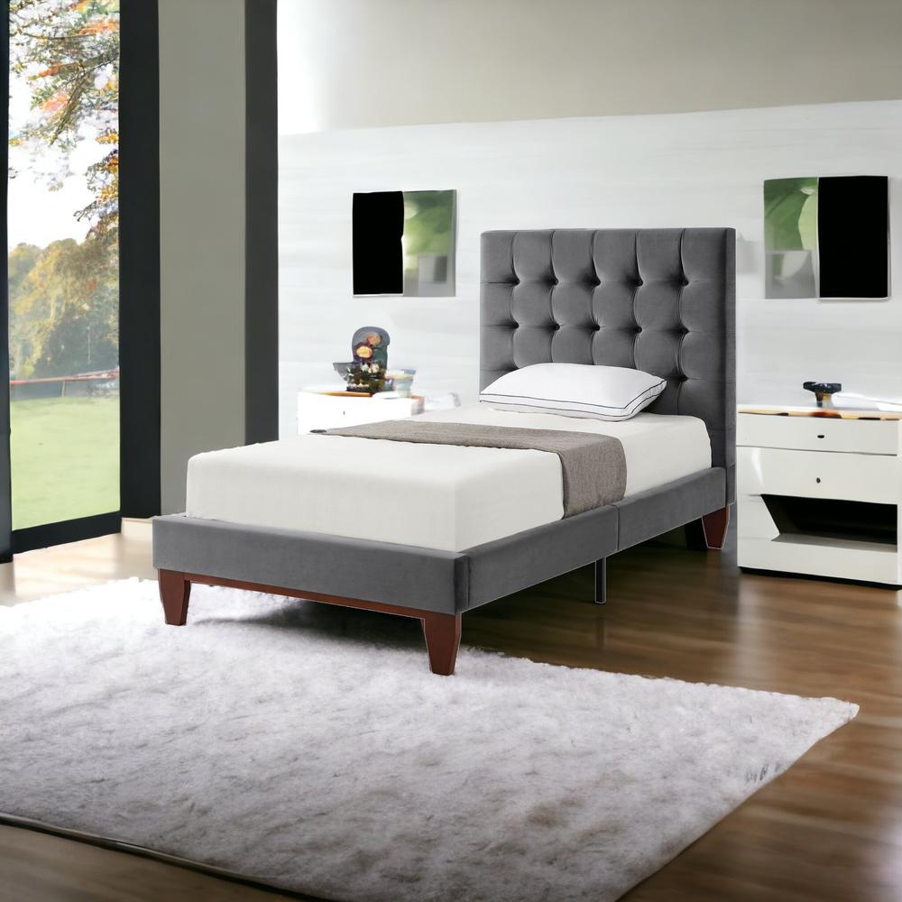 Gray Solid Wood Full Tufted Upholstered Velvet Bed. Picture 2