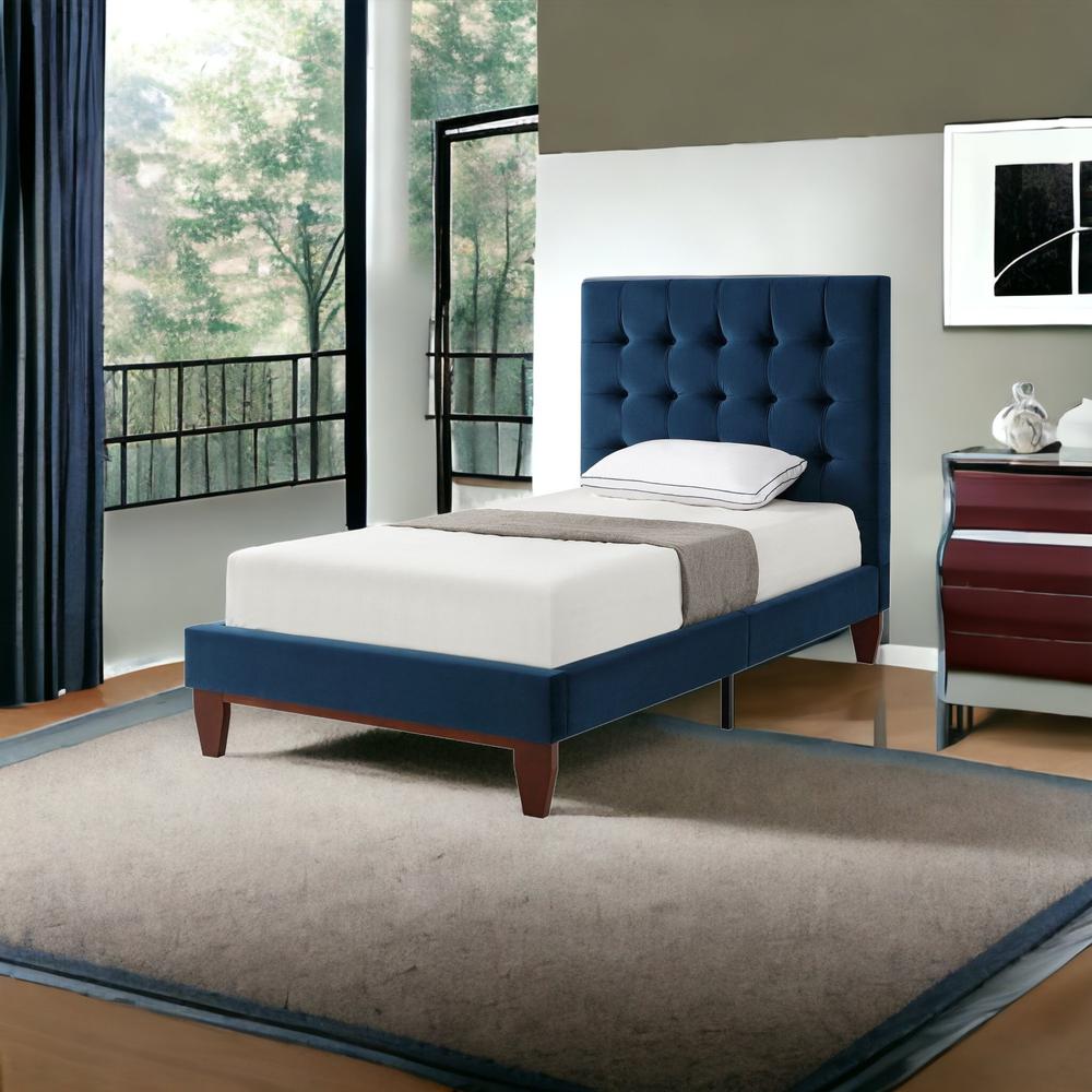 Navy Blue Solid Wood Full Tufted Upholstered Velvet Bed. Picture 2