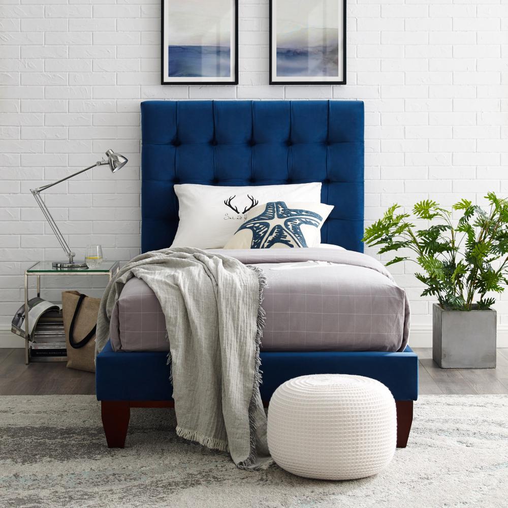 Navy Blue Solid Wood Full Tufted Upholstered Velvet Bed. Picture 9