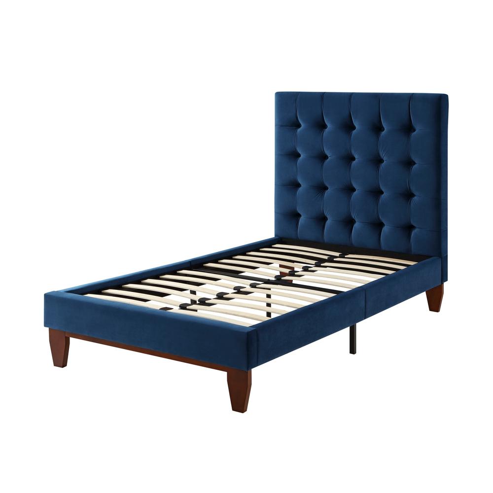 Navy Blue Solid Wood Full Tufted Upholstered Velvet Bed. Picture 5