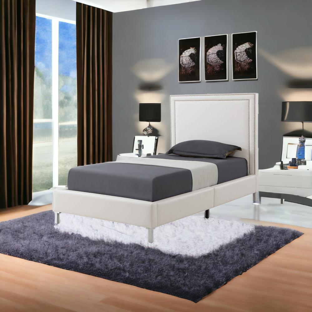 White Solid Wood Full Upholstered Faux Leather Bed with Nailhead Trim. Picture 2