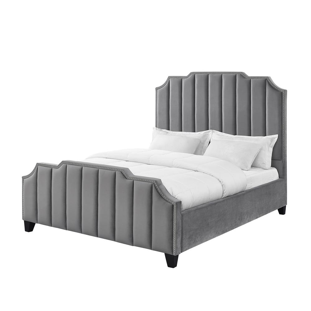 Gray Solid Wood Queen Tufted Upholstered Velvet Bed with Nailhead Trim. Picture 1