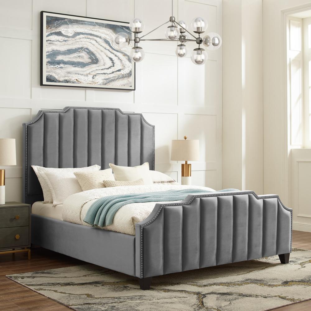 Gray Solid Wood Queen Tufted Upholstered Velvet Bed with Nailhead Trim. Picture 6