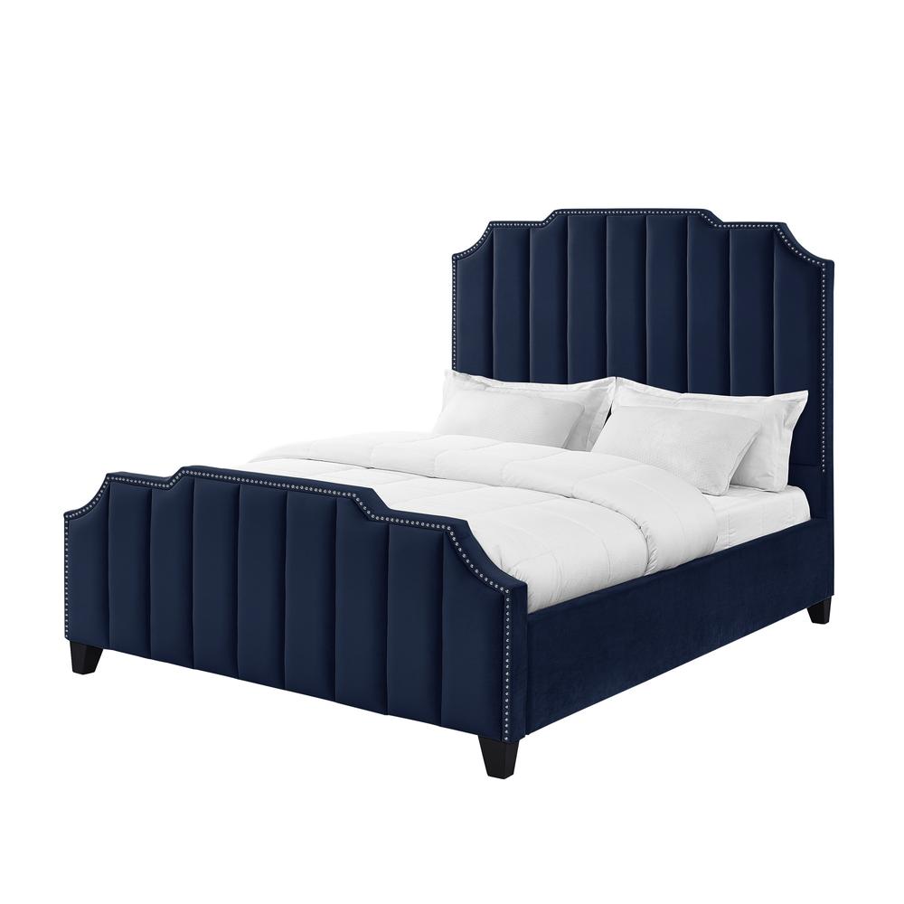 Navy Blue Solid Wood King Tufted Upholstered Velvet Bed with Nailhead Trim. Picture 1