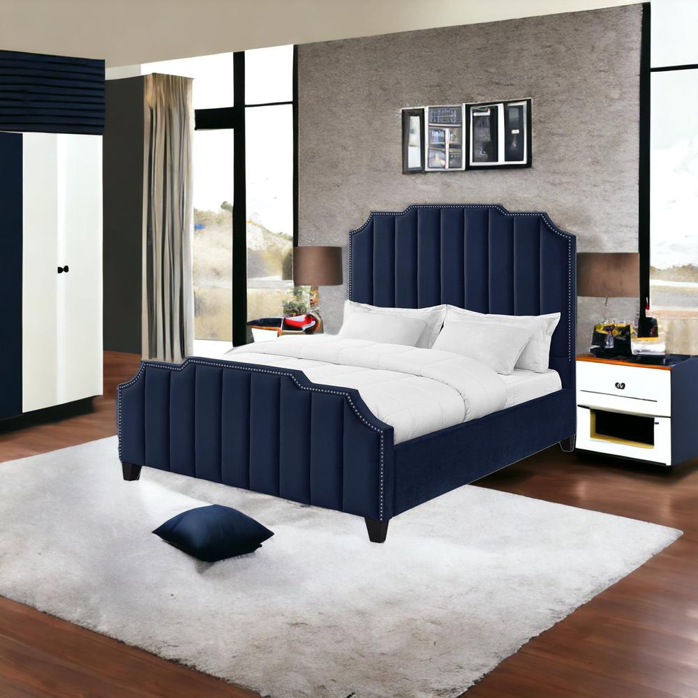 Navy Blue Solid Wood King Tufted Upholstered Velvet Bed with Nailhead Trim. Picture 2