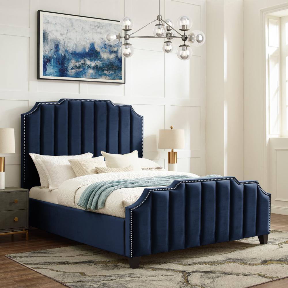 Navy Blue Solid Wood King Tufted Upholstered Velvet Bed with Nailhead Trim. Picture 6
