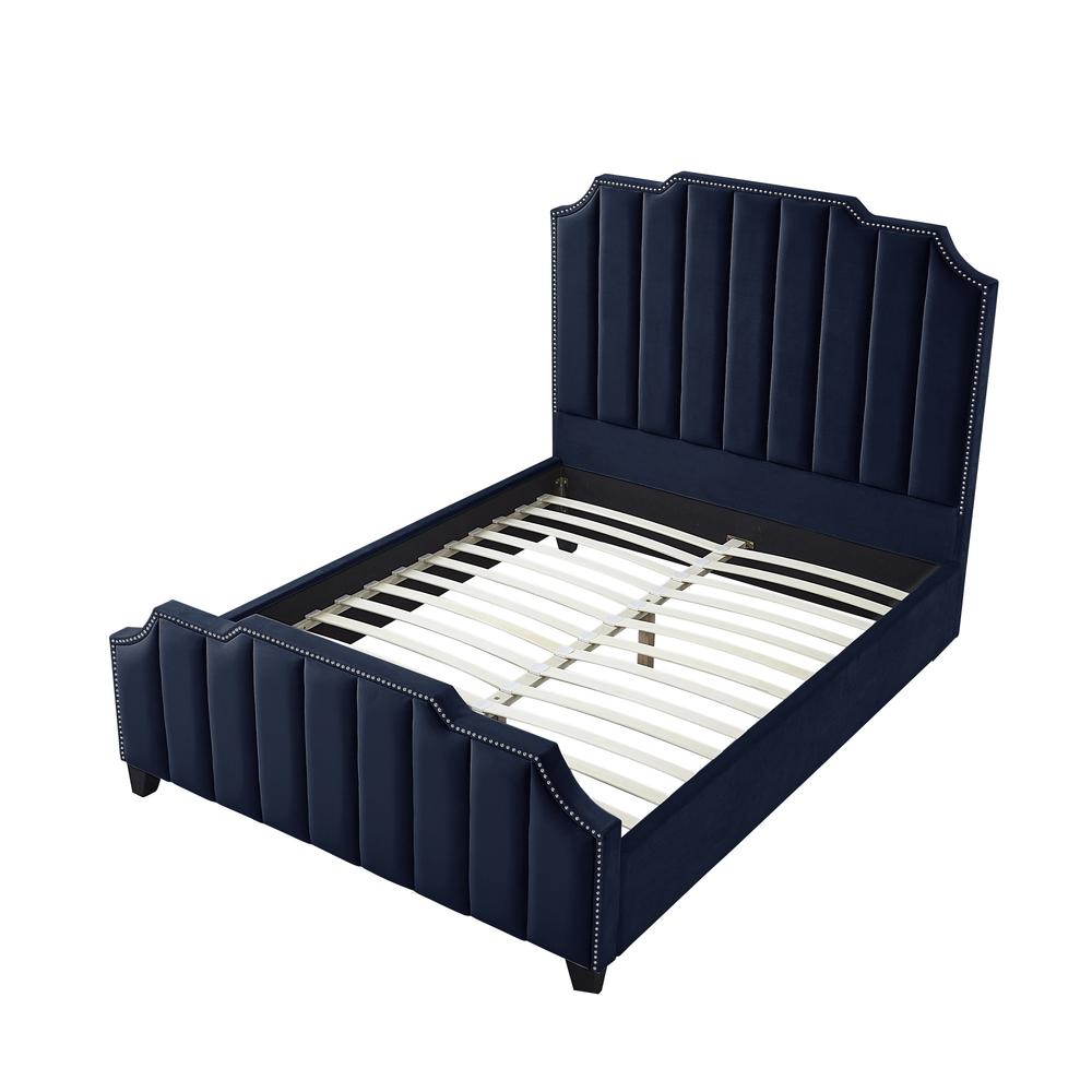 Navy Blue Solid Wood King Tufted Upholstered Velvet Bed with Nailhead Trim. Picture 4