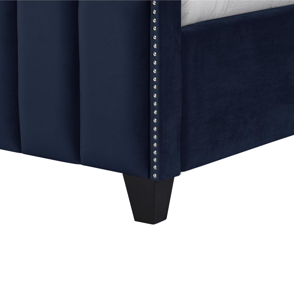 Navy Blue Solid Wood King Tufted Upholstered Velvet Bed with Nailhead Trim. Picture 5