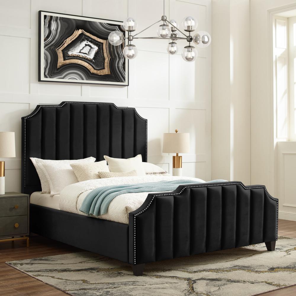 Navy Blue Solid Wood King Tufted Upholstered Velvet Bed with Nailhead Trim. Picture 7