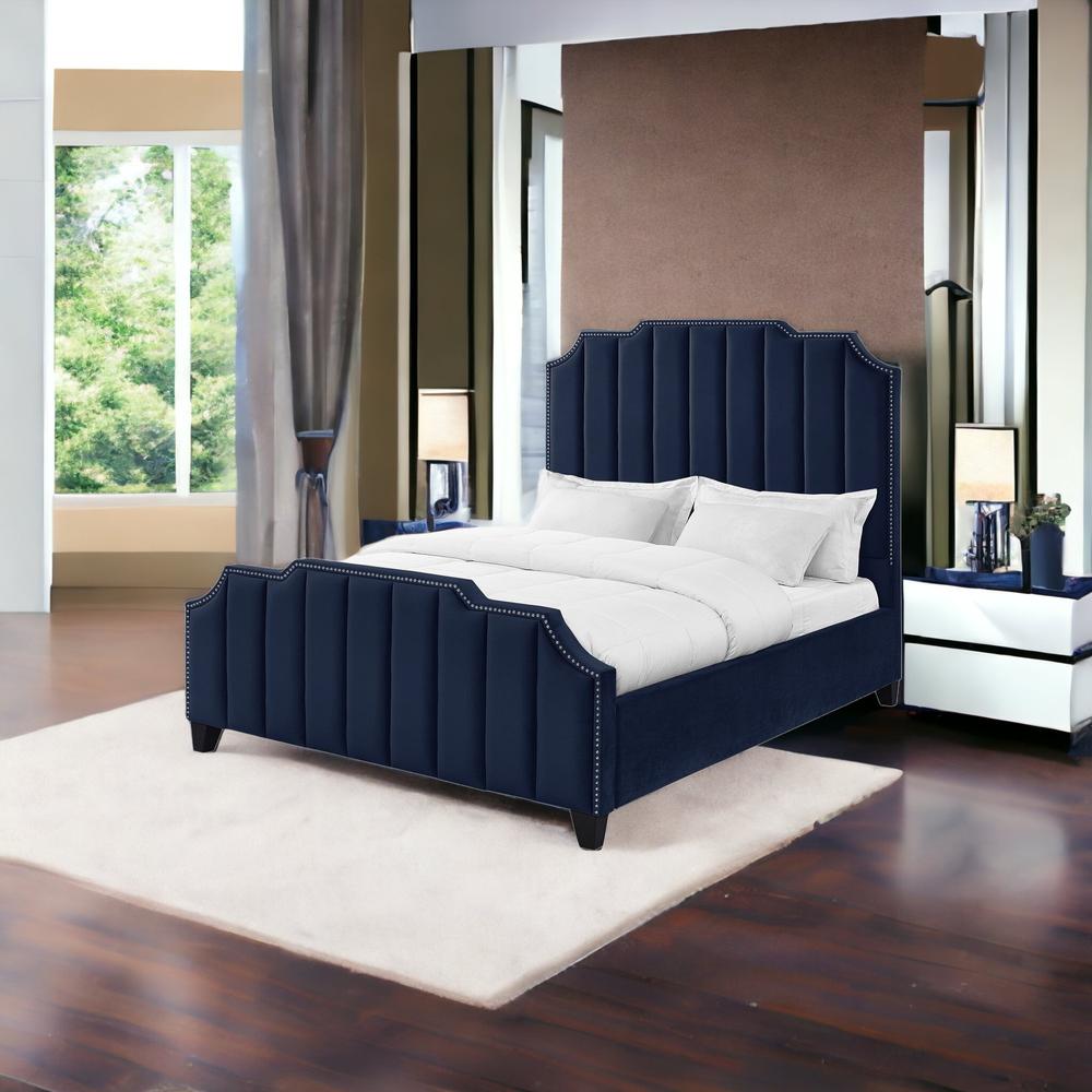 Navy Blue Solid Wood Queen Tufted Upholstered Velvet Bed with Nailhead Trim. Picture 2