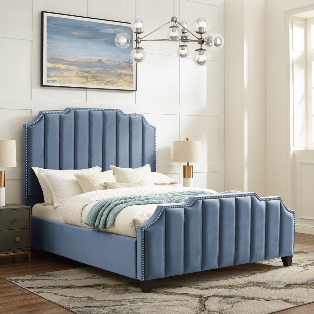 Navy Blue Solid Wood Queen Tufted Upholstered Velvet Bed with Nailhead Trim. Picture 8