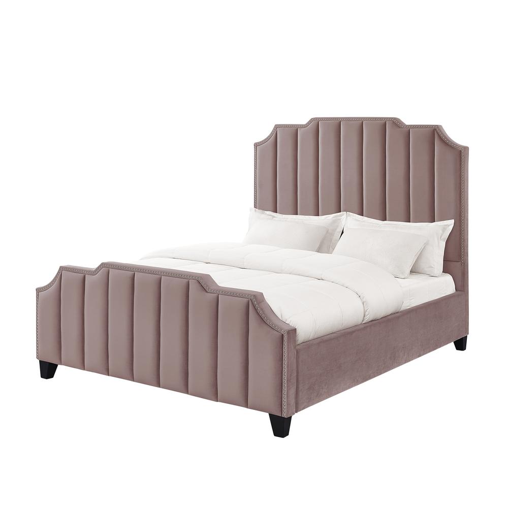 Pink Solid Wood King Tufted Upholstered Velvet Bed with Nailhead Trim. Picture 1
