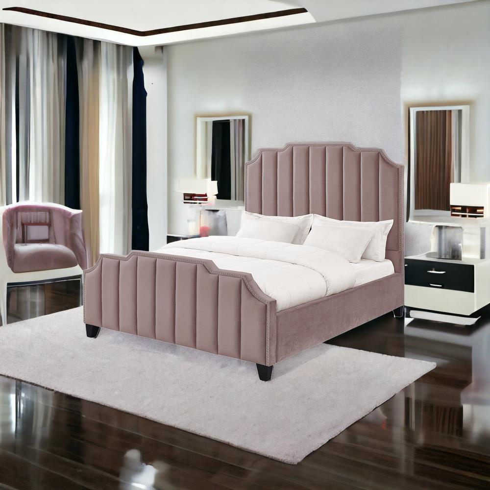 Pink Solid Wood King Tufted Upholstered Velvet Bed with Nailhead Trim. Picture 2