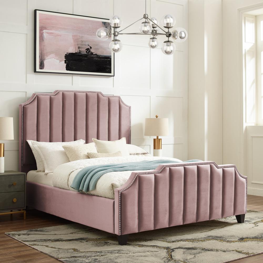 Pink Solid Wood King Tufted Upholstered Velvet Bed with Nailhead Trim. Picture 6