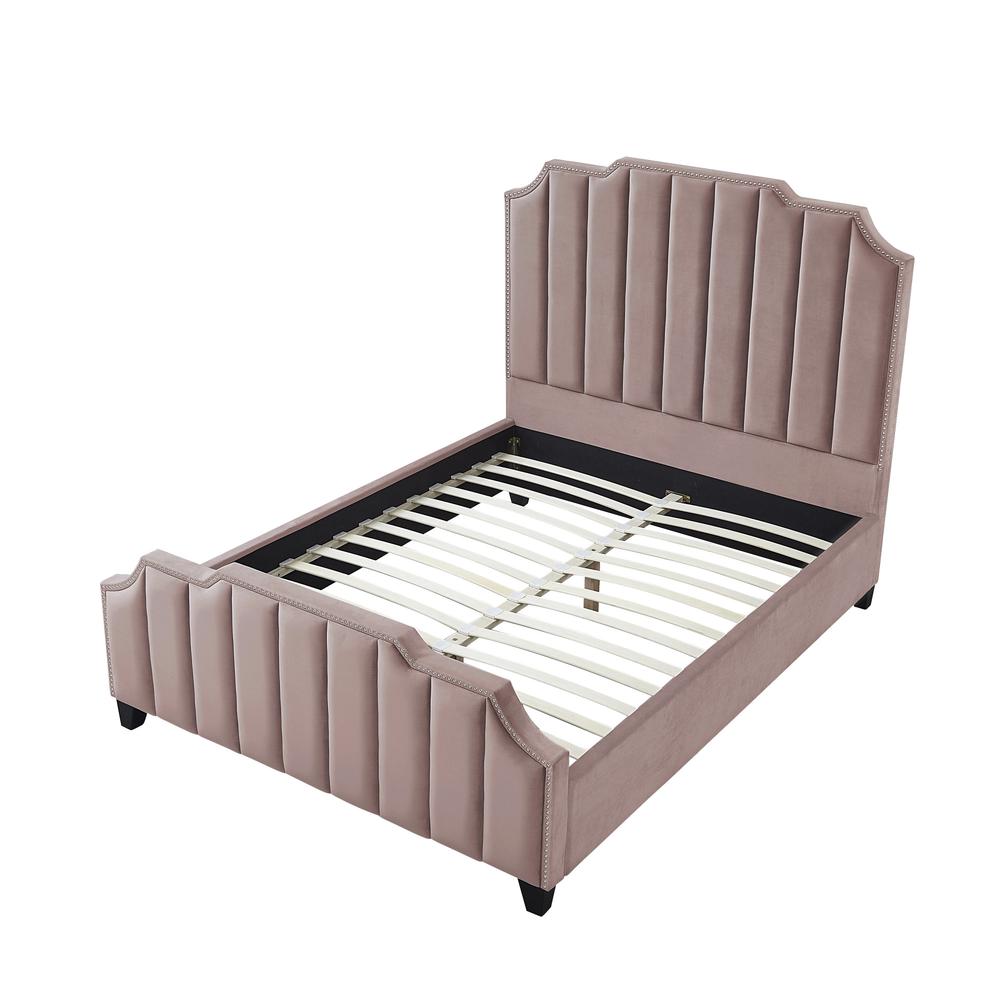Pink Solid Wood King Tufted Upholstered Velvet Bed with Nailhead Trim. Picture 4