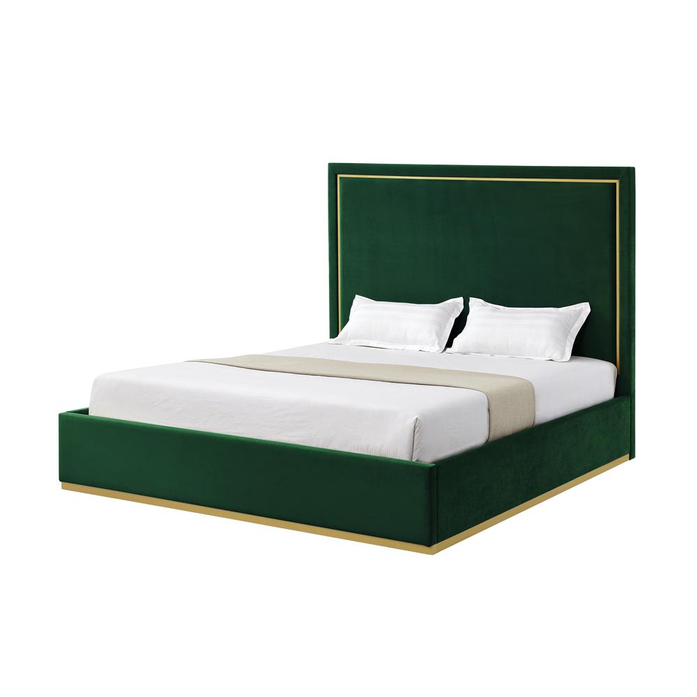 Hunter Green Solid Wood Queen Upholstered Velvet Bed. Picture 1