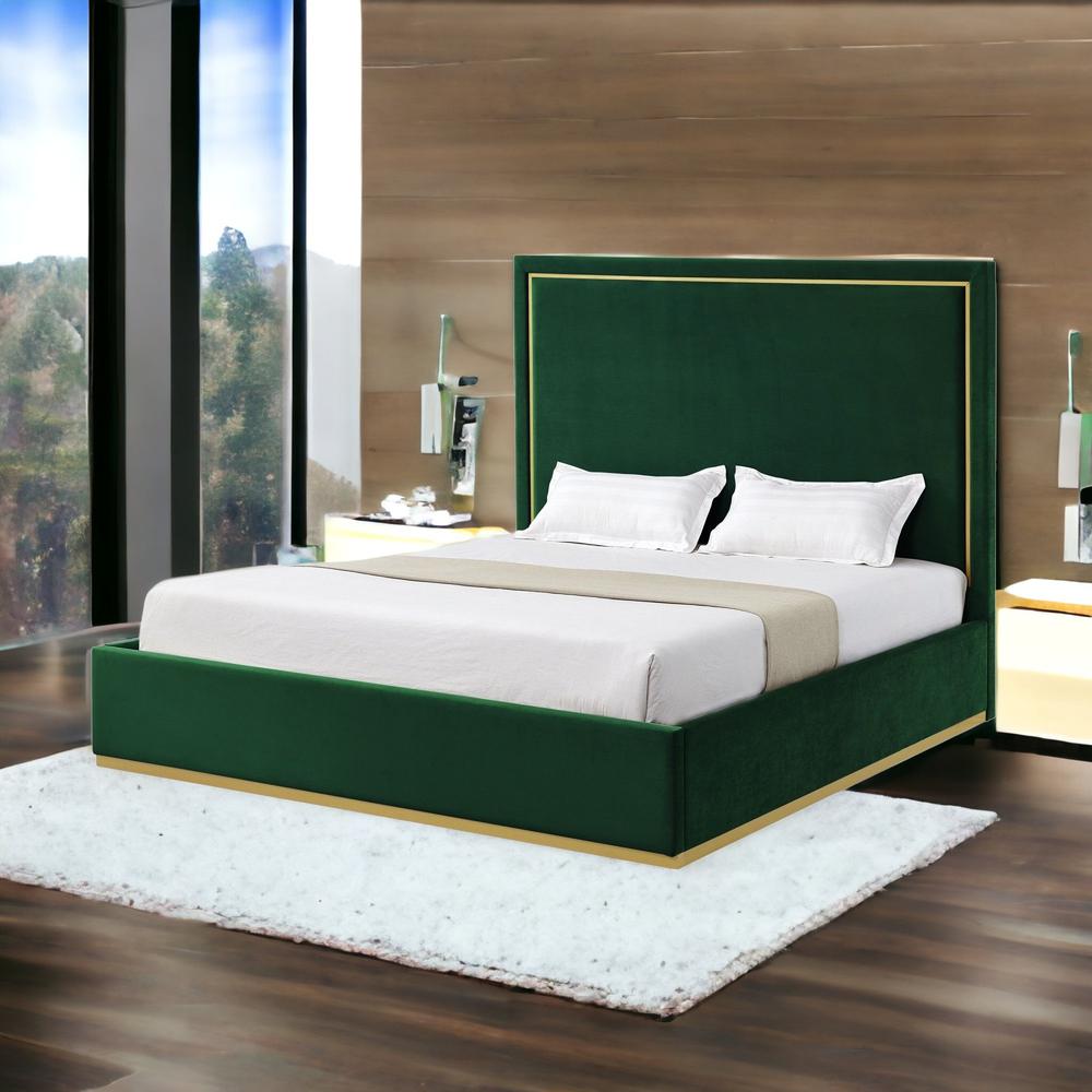 Hunter Green Solid Wood Queen Upholstered Velvet Bed. Picture 2