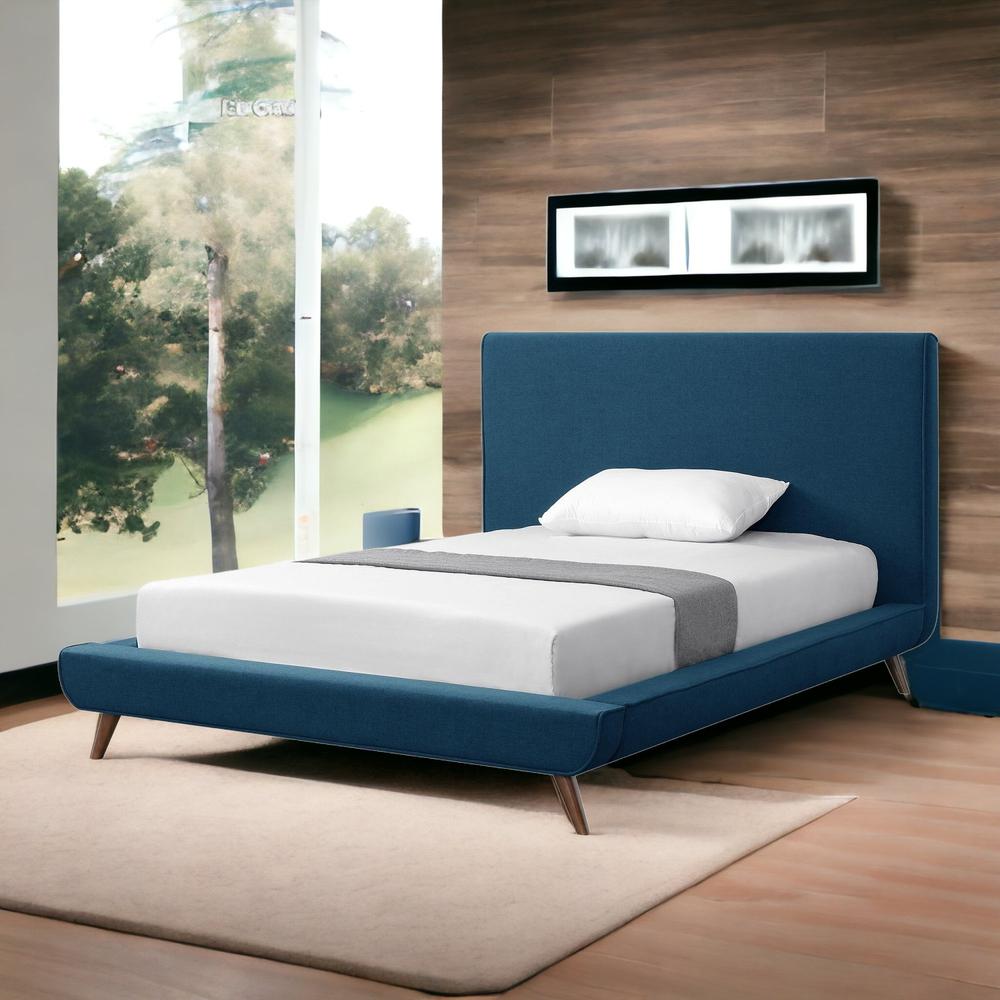 Denim Blue Solid Wood Full Upholstered Linen Bed. Picture 2