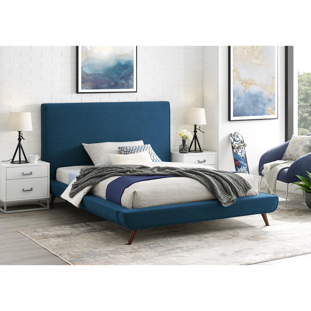 Denim Blue Solid Wood Full Upholstered Linen Bed. Picture 9