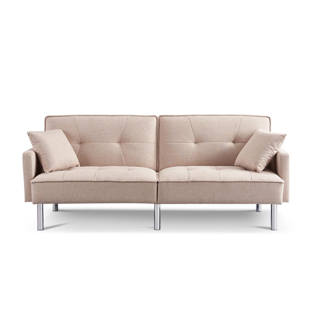85" Beige Polyester Blend, Silver Convertible Futon Sleeper Sofa, Toss Pillows. Picture 1