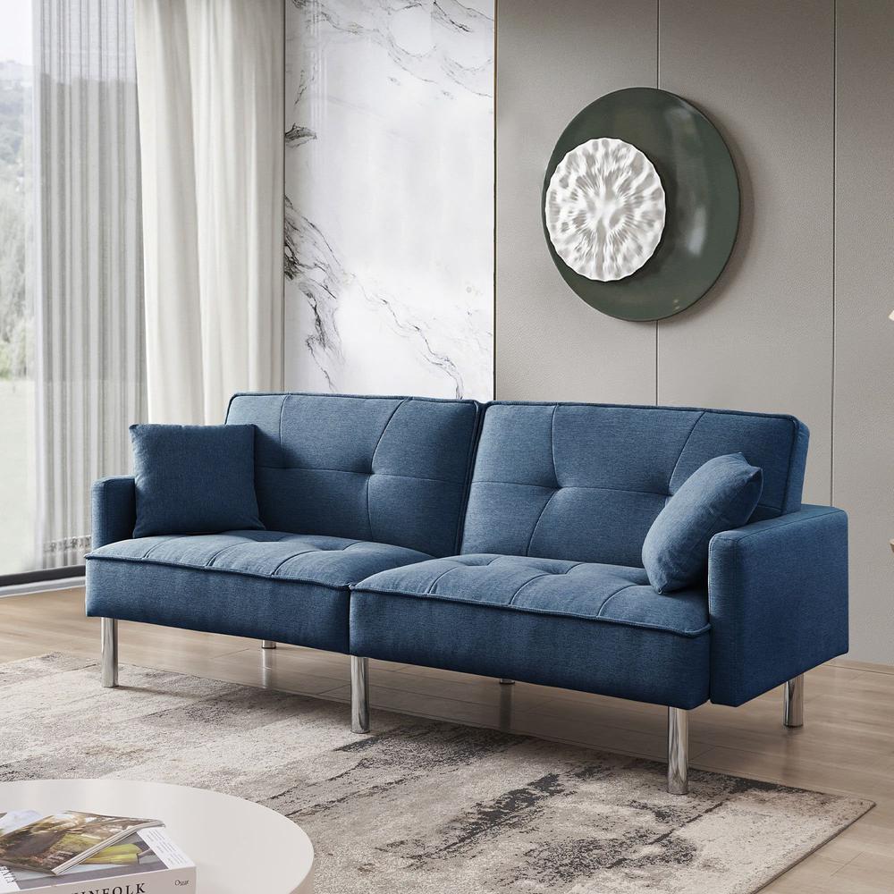 85" Blue Polyester Blend, Silver Convertible Futon Sleeper Sofa, Toss Pillows. Picture 4